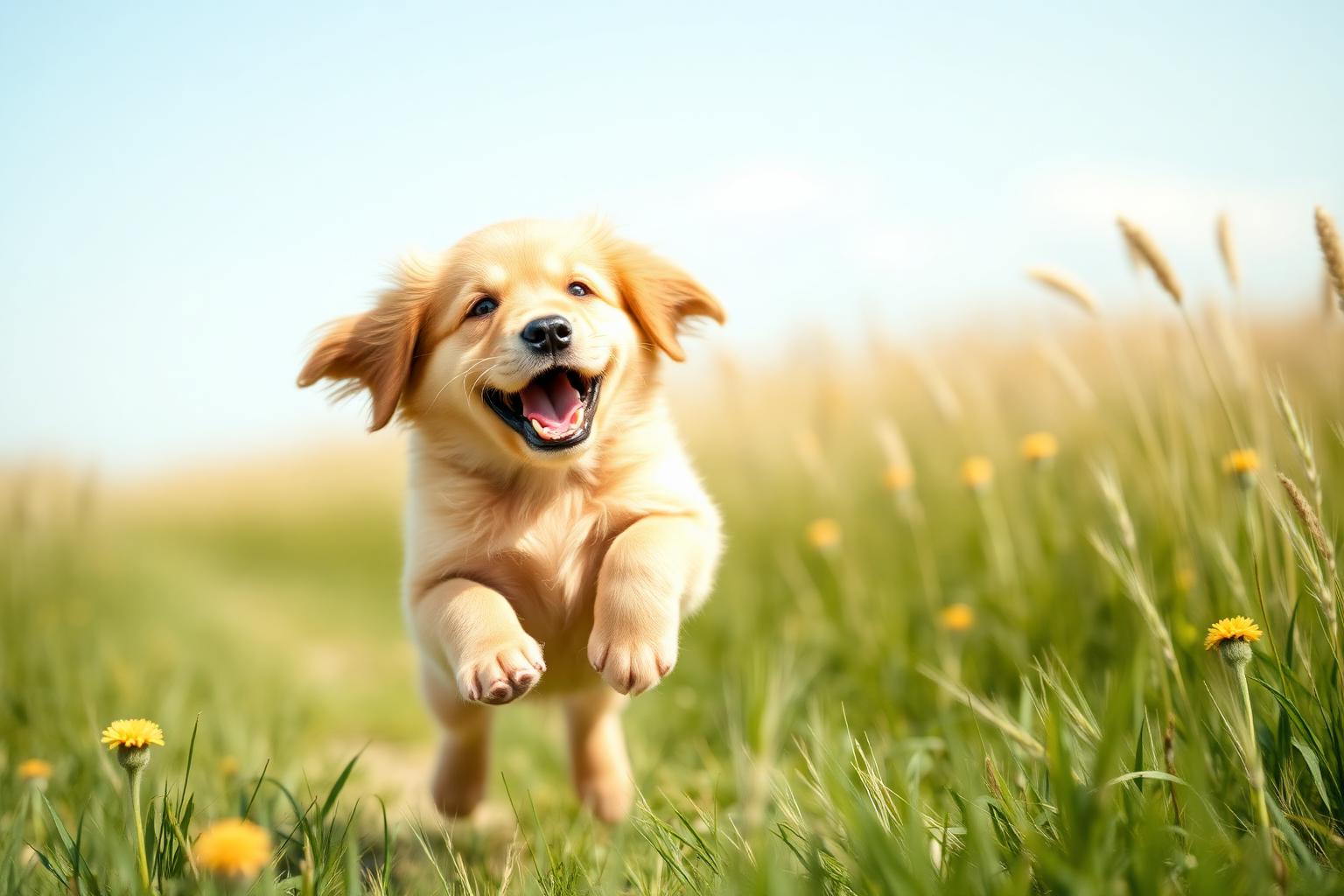 Happy puppy leaping in a sunny field